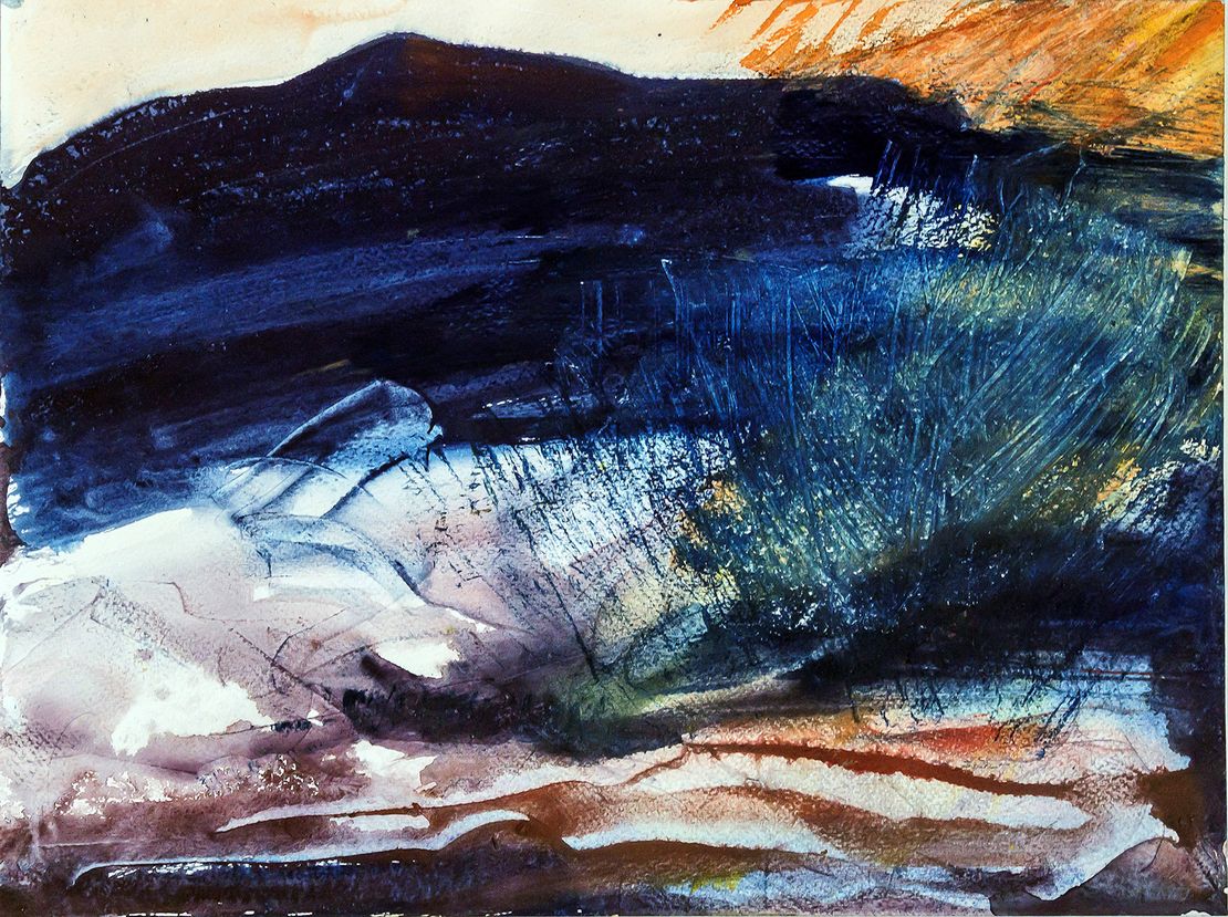 Gemälde Inos: dunkelblaue Flächen im Hintergrund, die an Berge erinnern. Rechts oben orange-gelbe Fläche, die an Sonne erinnert. im Vordergrund rund anmutende Flächen in weiß und Brauntönen.