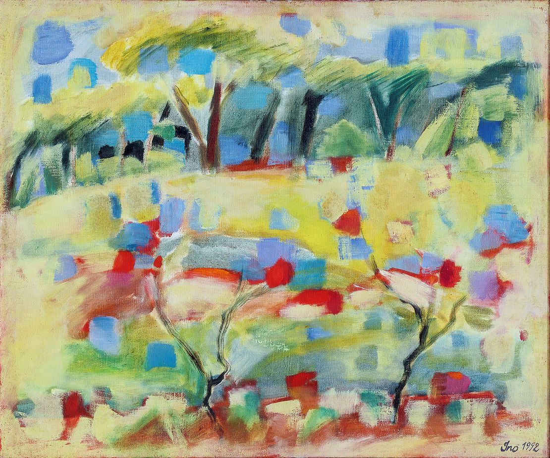 Teils gestempeltes, teils gemaltes Bild Inos: Vorwiegend in Grün-, Rot und Gelbtönen. Erinnert an einen Sommergarten.