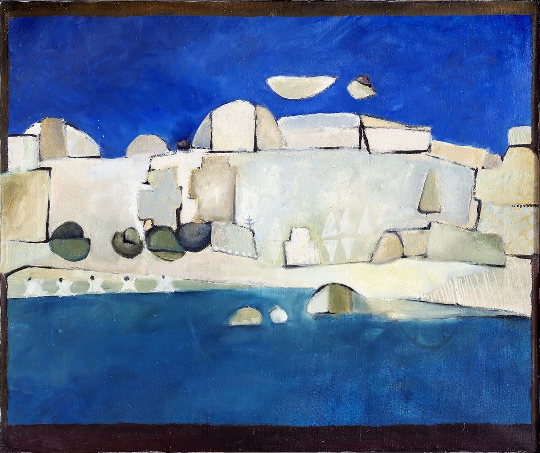 Gemälde Inos: weiße abstrakte Gebäude und Mauern auf dunkelblauem Grund.