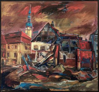 Eingefallenes Haus am Fleischmarkt, Erhard Gassan, 1990, Foto: Holger Hinz © Museum Bautzen Gemälde von Ehard Gassan. Zu sehen ist das eingefallene Haus Heringstraße - Ecke Mönchsgasse in Bautzen. Das Gemälde ist vorwiegend in Braun- und Rottönen gemalt.