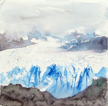 Gemälde Inos: unten und im Hintergrund dunkelgraue Flächen, die an Felsen erinnern. Dazwischen weiße, leicht bläuliche Fläche, die an Schnee und Eis erinnert.