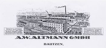 Briefkopf der Firma Altmann in schwarz auf weißem Grund aus den Jahren 1930-1933. Zu sehen ist die Fabrik Altmann, genannt wird die Anschrift der Fabrik.