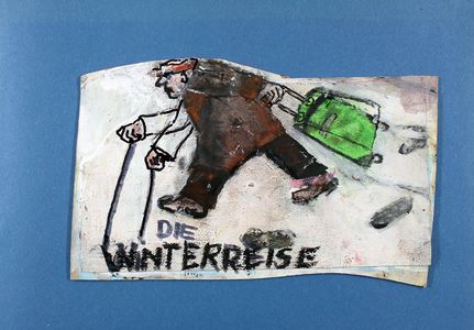 Zeichnung Winterreise: Mann mit Koffer
