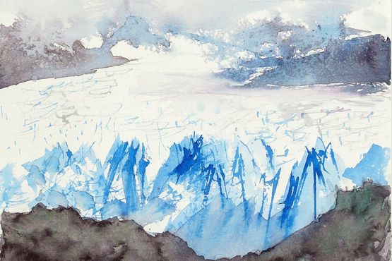 Gemälde Inos: unten und im Hintergrund dunkelgraue Flächen, die an Felsen erinnern. Dazwischen weiße, leicht bläuliche Fläche, die an Schnee und Eis erinnert.