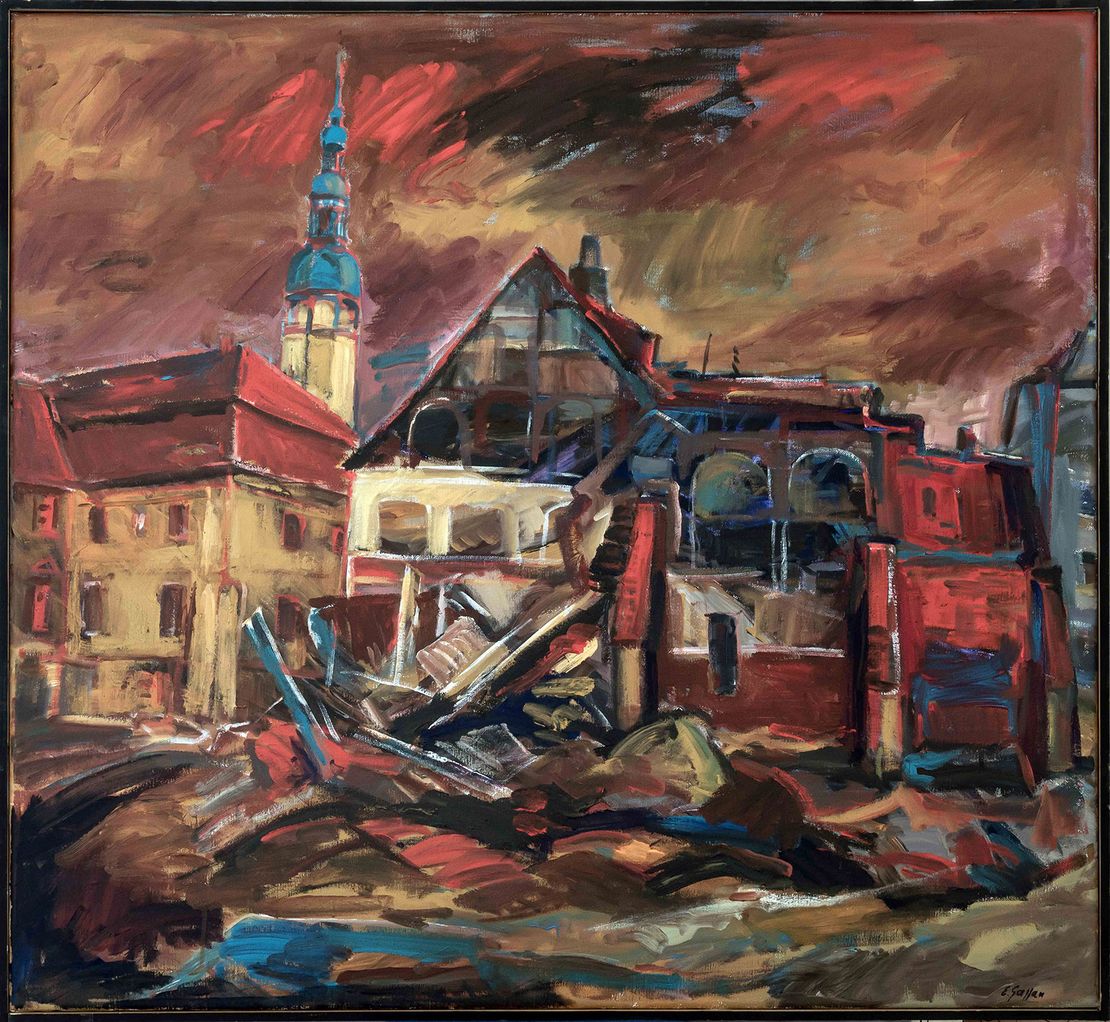 Gemälde Eingefallenes Haus am Fleischmarkt Gemälde von Ehard Gassan. Zu sehen ist das eingefallene Haus Heringstraße - Ecke Mönchsgasse in Bautzen. Das Gemälde ist vorwiegend in Braun- und Rottönen gemalt.